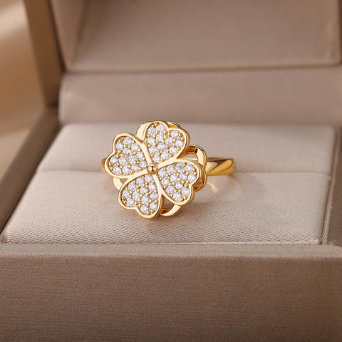 Zircon Rotatable Four Leaf Clover Rings For Women -JW00033-Veeddydropshipping