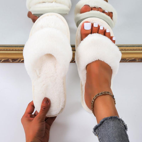 Slippers Rabbit Plush Cross-strap Cotton Sandalias Women-BS01174-Veeddydropshipping