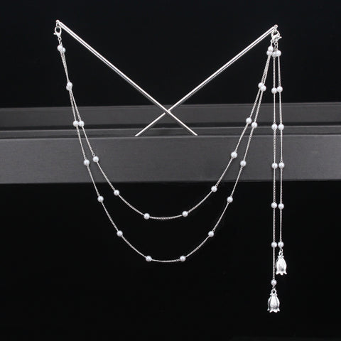 Double Chain Hair Fork Pearl Tassel Hair Stick Hairpin -JW00544-Veeddydropshipping