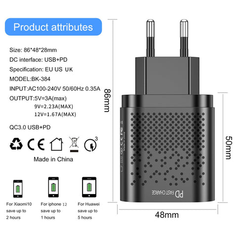 US Standard Charging Plug 3.0 Fast Charge PD Charger 18W for Apple Android -CE00157-Veeddydropshipping