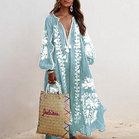 Elegant Sexy V-Neck Tassel Puff Sleeve Mid Length Dresses-Veeddydropshipping
