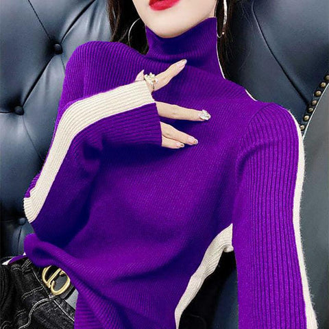 Fashion Turtleneck Knitting Spliced All-match Sweater-WF00102-Veeddydropshipping