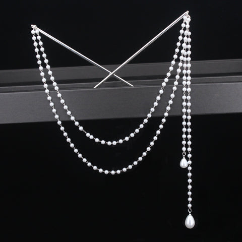 Double Chain Hair Fork Pearl Tassel Hair Stick Hairpin -JW00544-Veeddydropshipping
