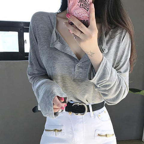 Thin Women Tops Long Sleeve Loose Button T Shirt-Veeddydropshipping