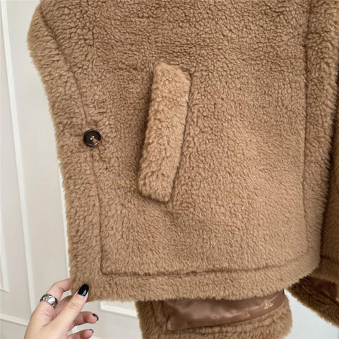 Female Winter Camel Jacket Gray Sheep Wool Coat-WF00213-Veeddydropshipping