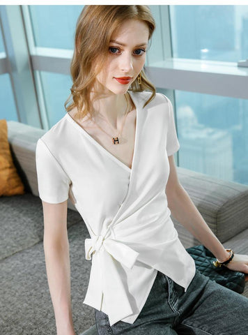 Short-sleeved T-shirt Women V-neck Stretch Bottoming Shirt-WF00313-Veeddydropshipping