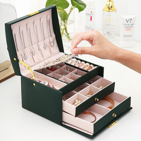 Three-layer Leather Drawer-style Jewelry Box Earrings Earrings Lock -JW01695-Veeddydropshipping