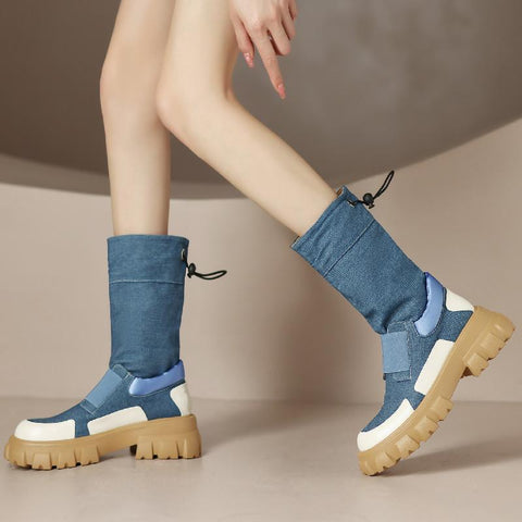 Martin Boots Leather Denim Casual Short Boots Round-BS01048-Veeddydropshipping