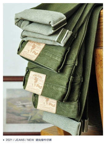 Saucezhan Men Jeans Vulcanization Olive Green 107 Selvedge Denim-TB01283-Veeddydropshipping