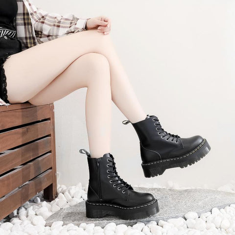 Women Shoes Black Leather Ankle Boots Punk Shoes Thick-BS00915-Veeddydropshipping