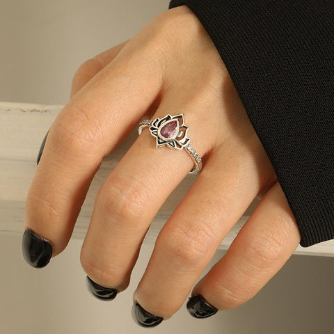 925 Sterling Silver Vintage Lotus Flower Rings For Women -JW00046-Veeddydropshipping
