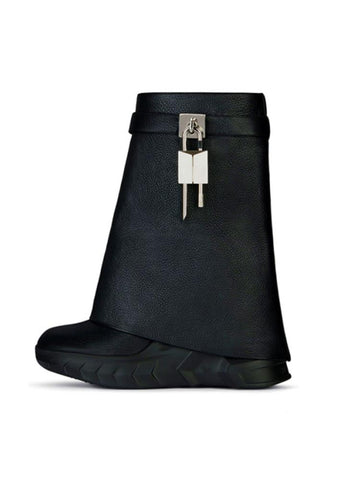 Leather Short Boots Round Head Lock Lock Shark Boots Women&#39;s-BS01033-Veeddydropshipping