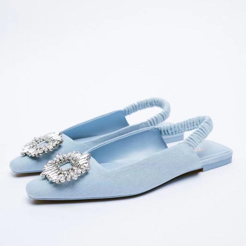 Blue Denim Fabric Flat Sandals Casual Mules Rhinestone-BS00893-Veeddydropshipping