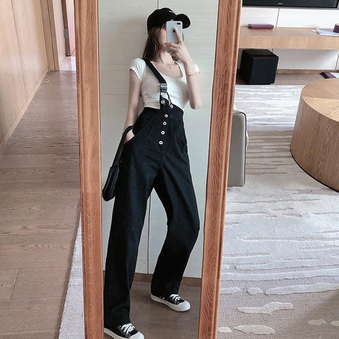 High Waist Denim Suspender Pants Loose Overalls Jumpsuits-WF00422-Veeddydropshipping