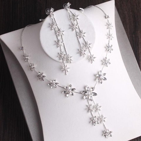 Silver Plated Crystal Leaf Bridal Jewelry Sets  -JW00364-Veeddydropshipping