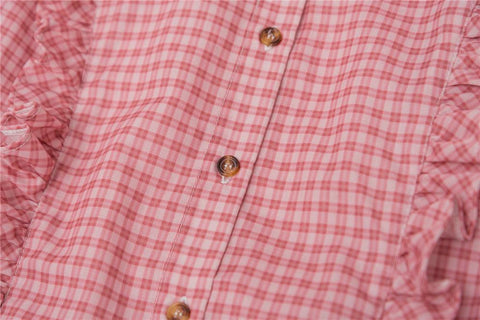Retro Plaid Single-breasted Shirt Puff Sleeve Ruffled Round Neck-WF00288-Veeddydropshipping