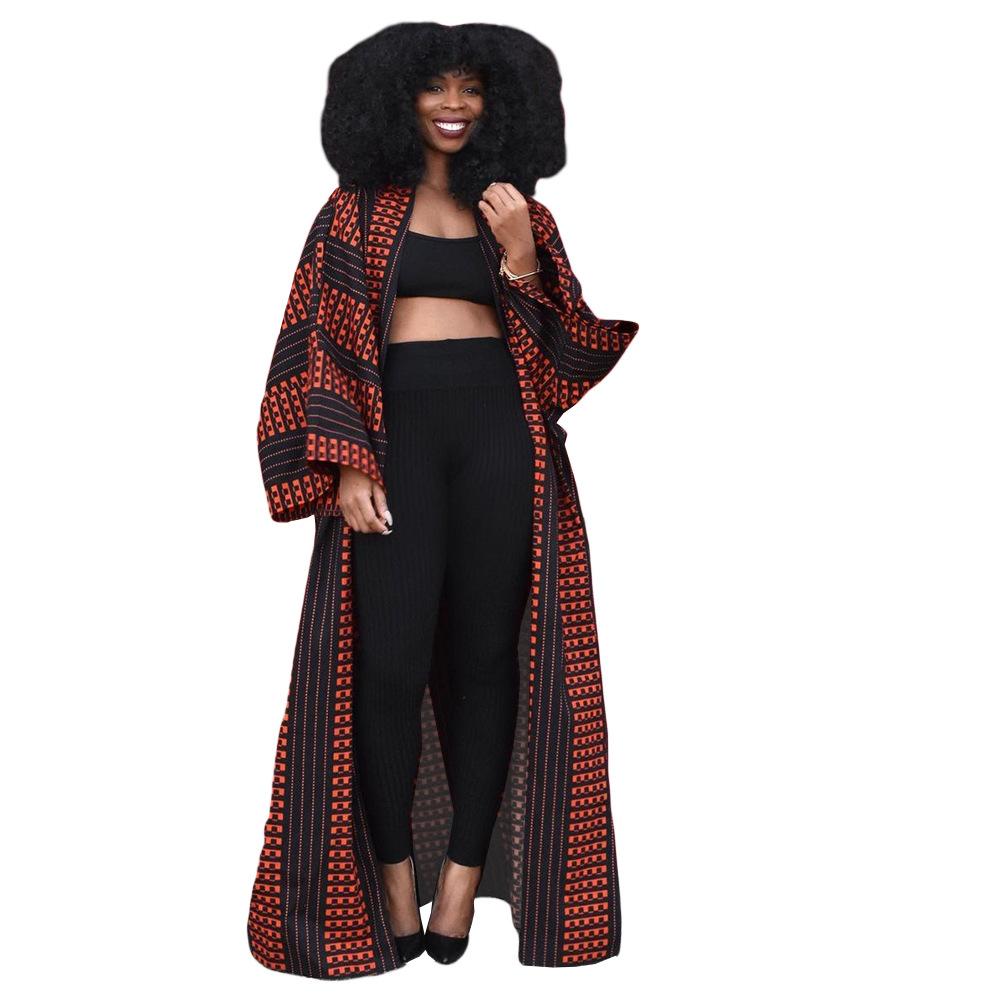 African Ethnic Print Loose Long Trench Coat-Veeddydropshipping