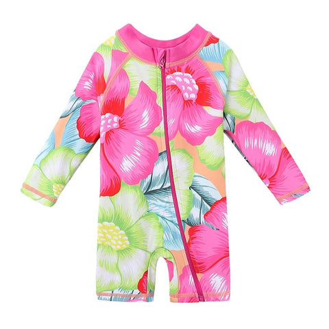 UPF50+ Print Baby Girl Swimsuit Long Sleeve Kids Swimwear One Piece Toddler -OS00267-Veeddydropshipping