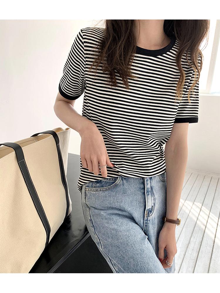 Striped Vintage Short Sleeve T-Shirt Soft Tops Casual O Neck-Veeddydropshipping