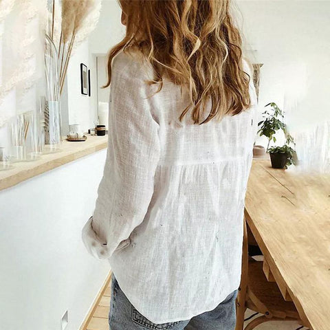 Elegant Linen Shirtsl Solid Button Lapel Blouses Shirts-WF00069-Veeddydropshipping
