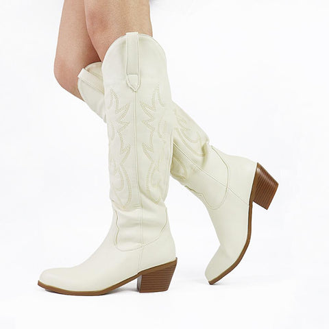 Female Western mid calf Boots Chunky Heels Slip On Autumn Winter-BS00941-Veeddydropshipping