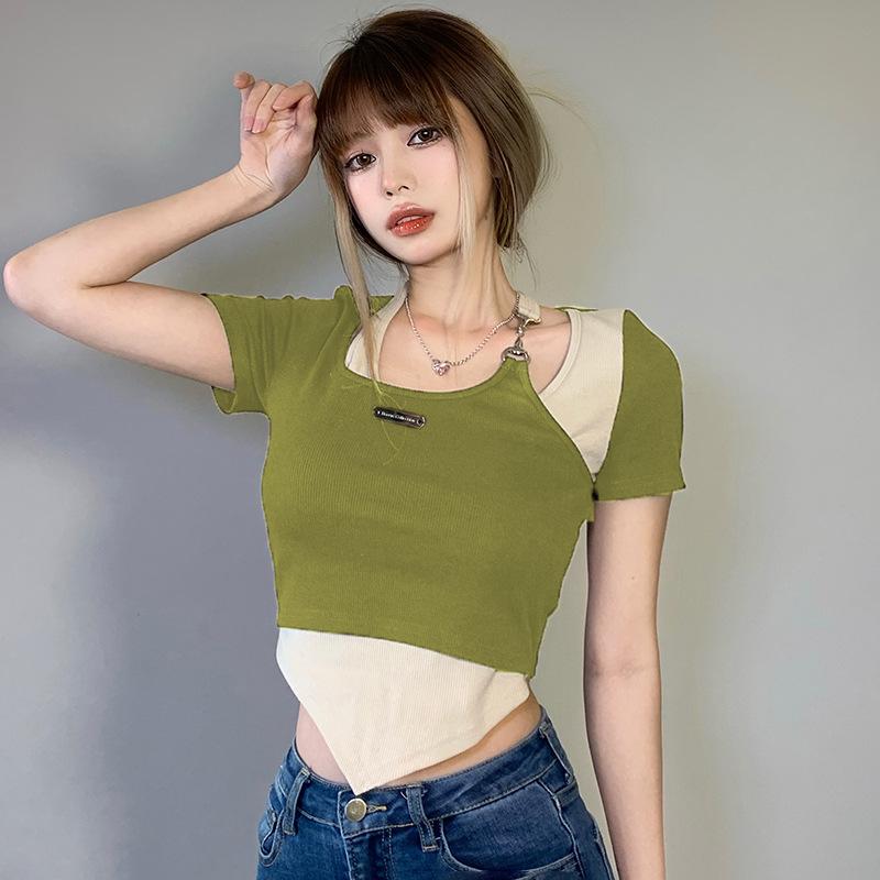 Women Contrast Color Irregular Halter Neck Slim Short T-Shirt-Veeddydropshipping