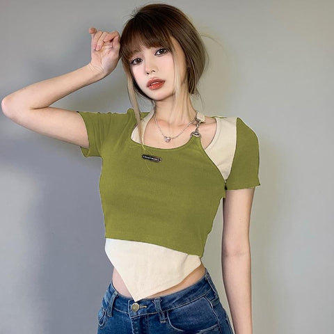 Women Contrast Color Irregular Halter Neck Slim Short T-Shirt-Veeddydropshipping