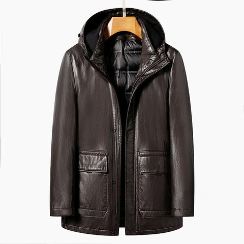 Grade Men&#39;s Hooded Natural Leather Down Jacket Medium-MF01262-Veeddydropshipping