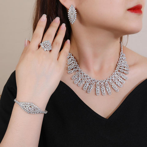 Fashion Jewelry Wedding Set 4 PCS Necklace Ring Earrings Bracelet-JW01327-Veeddydropshipping