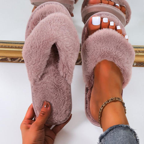 Slippers Rabbit Plush Cross-strap Cotton Sandalias Women-BS01174-Veeddydropshipping