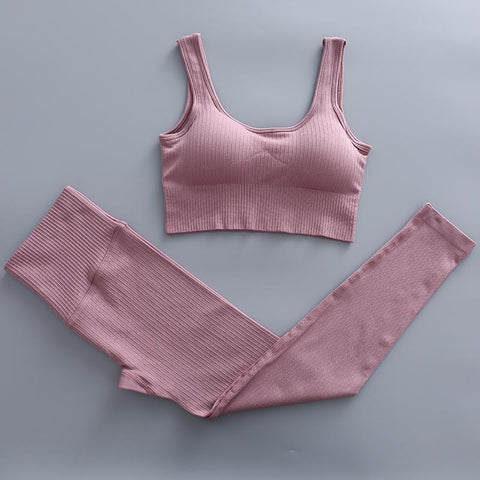 2 Piece Yoga Set Gym Clothing Women&#39;s Threaded Tracksuit Crop Top Bra High -OS00630-Veeddydropshipping