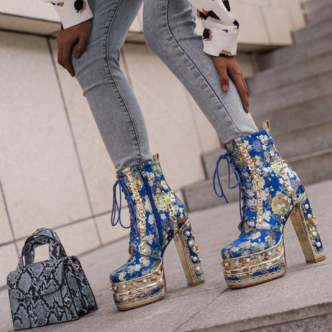 Lace Up Embroidered Party Shoes Luxury Pump-BS01030-Veeddydropshipping