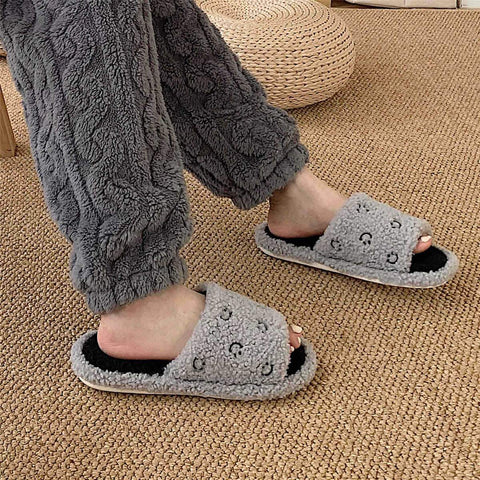 Winter Couple Warm One Word Slippers Plush Home Flat-BS01295-Veeddydropshipping
