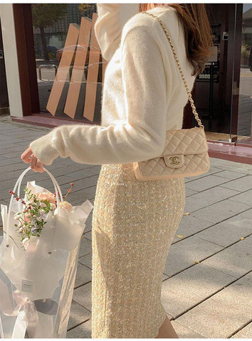 Tweed Skirt Office Lady Mid-length High Waist Skirt-WF00357-Veeddydropshipping