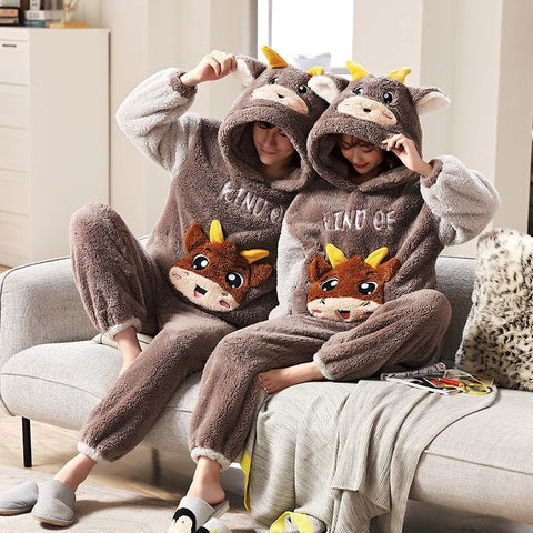 Thicken Warm Pajamas Set For Couple Winter Animal Ears Hoodie Women-MF01583-Veeddydropshipping