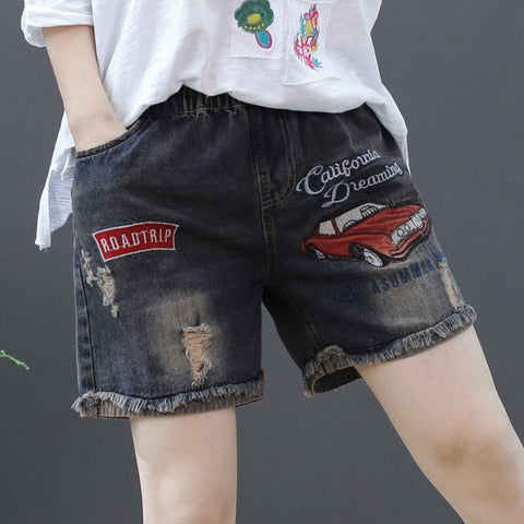 Elastic Waist Denim Shorts Women pants-WF00524-Veeddydropshipping
