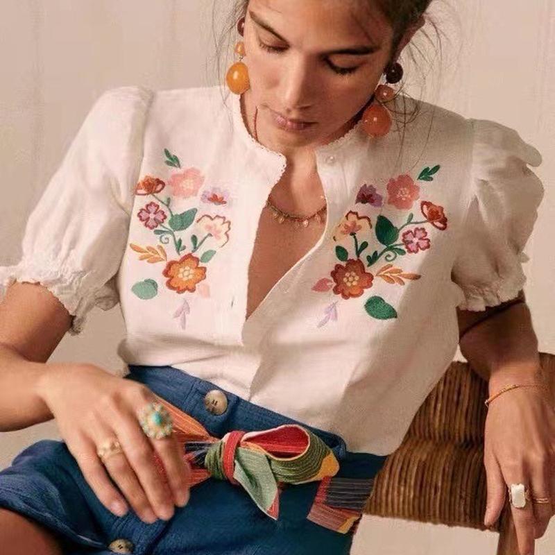 Embroidered Flower Short Sleeve Ladies Puff Sleeve Round Neck-WF00282-Veeddydropshipping