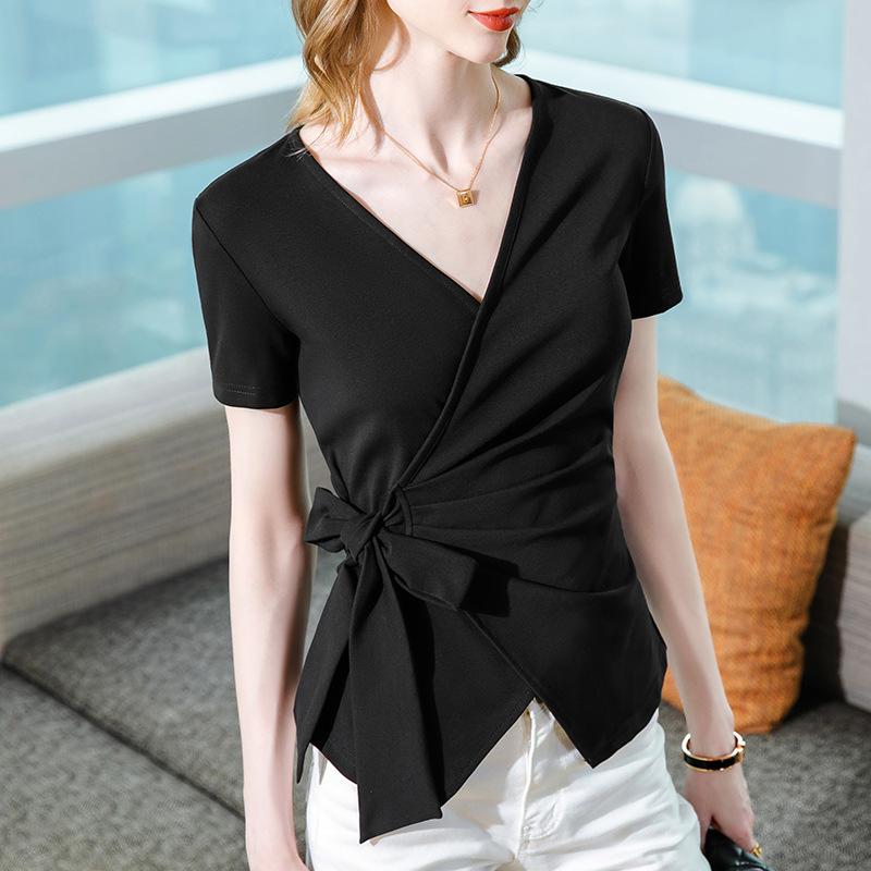 Short-sleeved T-shirt Women V-neck Stretch Bottoming Shirt-WF00313-Veeddydropshipping