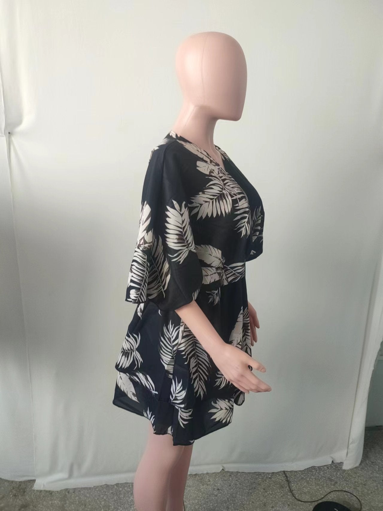 Fashion Printing Sexy V-neck Loose Bat Sleeve Dress-WF00060-Veeddydropshipping