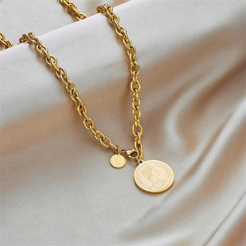 Stainless Steel Gold Color Hip Hop  Portrait Coin Necklace-JW01199-Veeddydropshipping