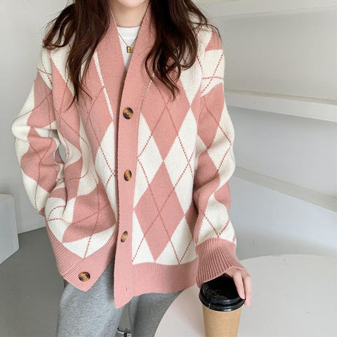 Knitted Sweater Cardigan Woman Coat Diamond Sweater Jumpers-Veeddydropshipping