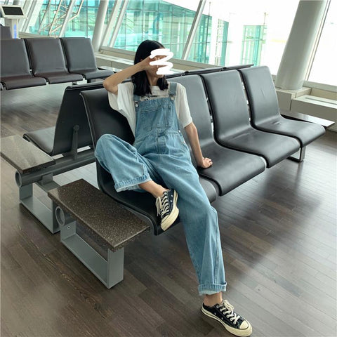 Large Loose Pockets Student Denim Suspender Pants-WF00367-Veeddydropshipping