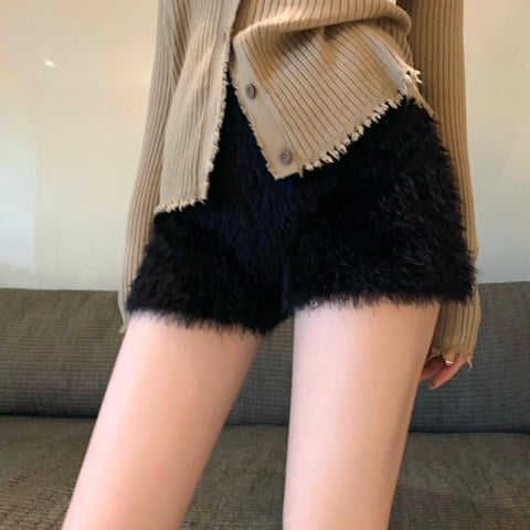 Women Thick Mohair Fur High Waist Short Trousers-Veeddydropshipping