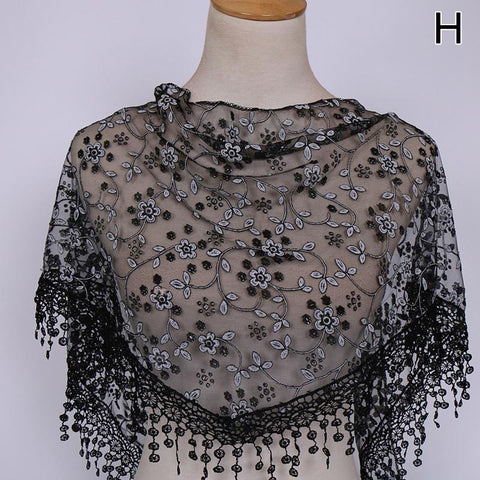 Flower Print Hollow Out Tassel Shawl-WF01204-Veeddydropshipping