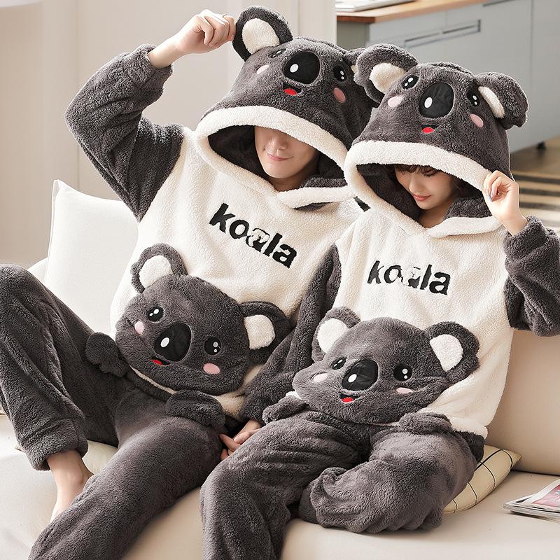 Thicken Warm Pajamas Set For Couple Winter Animal Ears Hoodie Women-MF01583-Veeddydropshipping