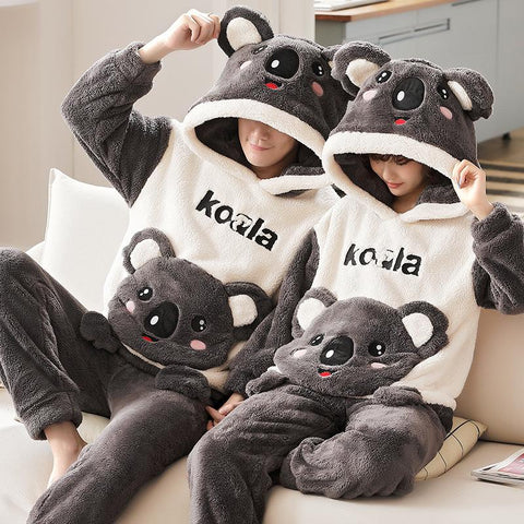 Thicken Warm Pajamas Set For Couple Winter Animal Ears Hoodie Women-MF01583-Veeddydropshipping