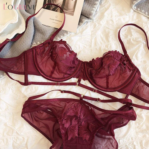 Women Lace Underwear Set Embroidery Bra-WF00923-Veeddydropshipping