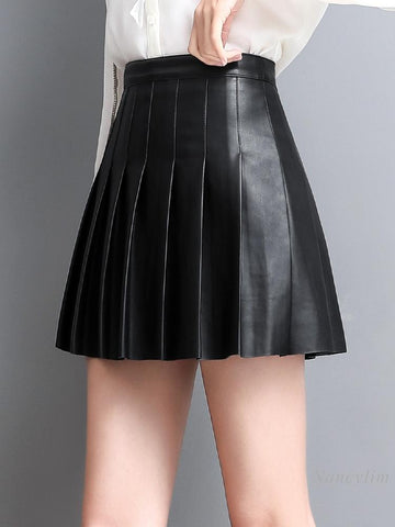 Women Real Leather Korean-Style Slim Fit High Waist Ruffled Skirt-WF00386-Veeddydropshipping