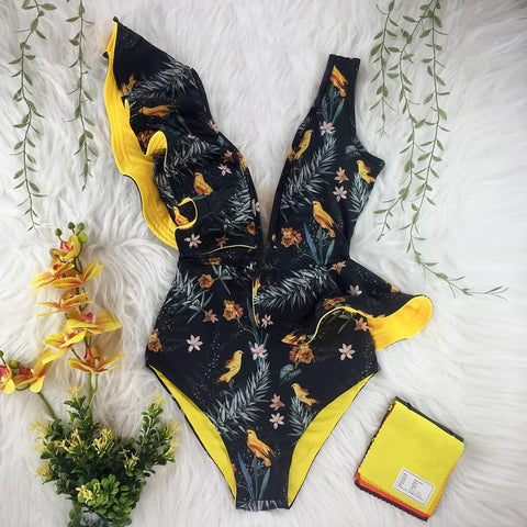 2022 New Sexy Ruffle Print Floral One Piece Swimsuit Off The Shoulder Swimwear-OS00046-Veeddydropshipping