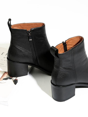 Thick-heeled  boots women leather single boots square toe short-BS01034-Veeddydropshipping